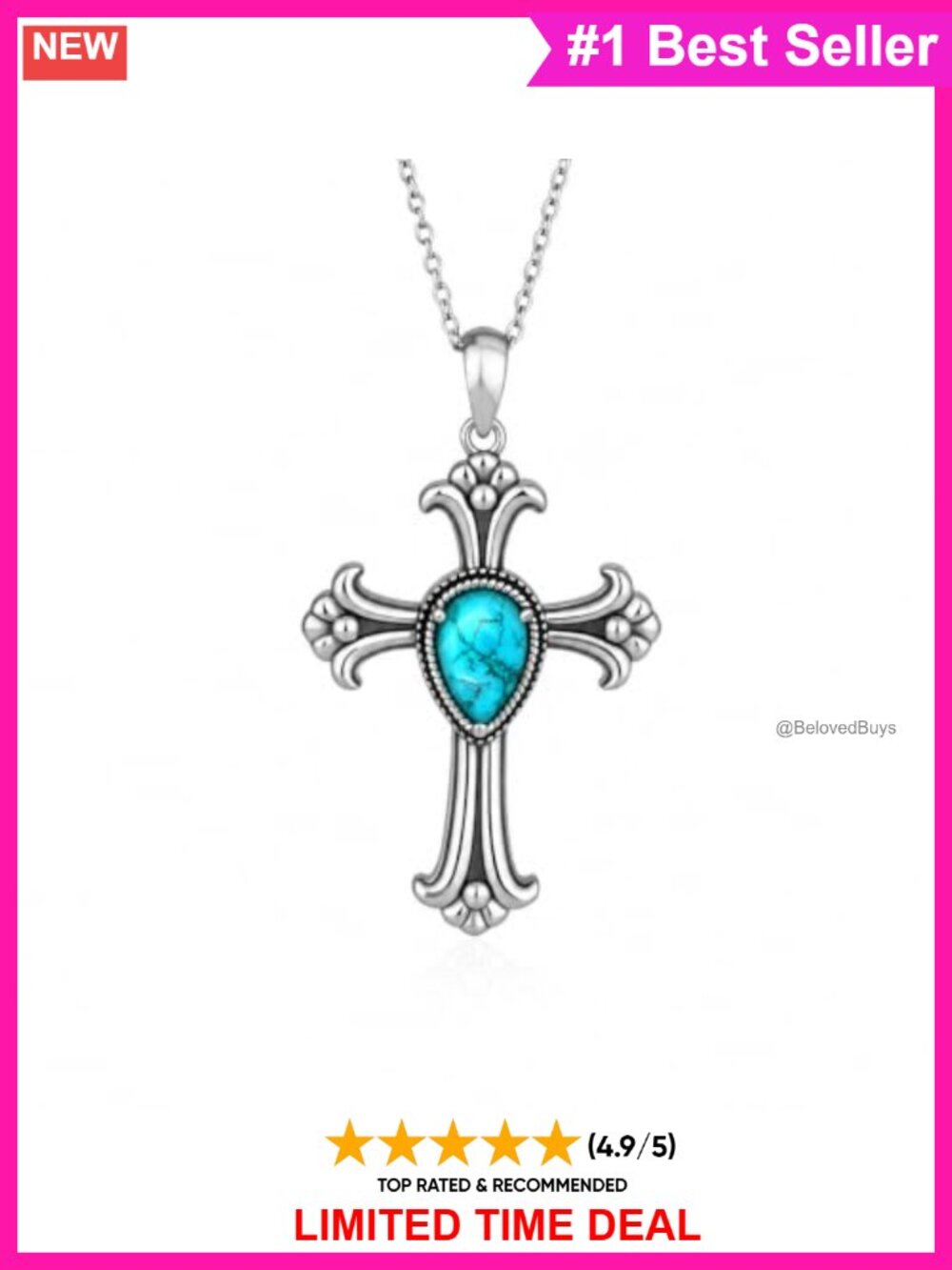Genuine Turquoise Cross Necklace 925 Sterling Silver Western Pendant